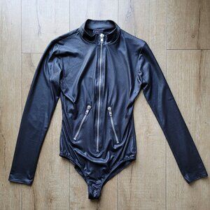 Forplay (Brand) Faux Leather Black Zip Up Bodysuit